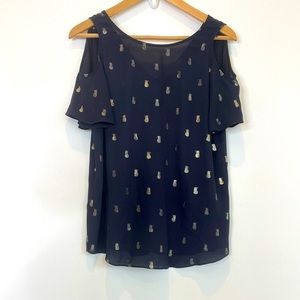 Cooper & Ella XS Navy and Gold Pineapple Cold Shoulder blouse